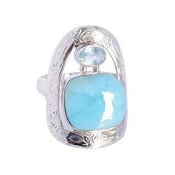 SILCASA Larimar, Blauer Topas, natürlicher Edelstein, 925er Sterlingsilber, Verlobungsring, Geschenk für Frauen, 49 (15,6) von SILCASA