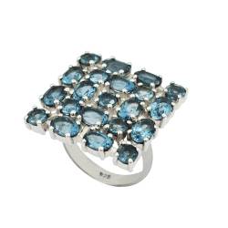SILCASA Massiver 925er-Sterlingsilber-natürlicher blauer Topas, großer Cluster-Ring, Geschenk für Damen, handgefertigter Schmuck, 51 (16,2) von SILCASA