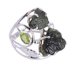 SILCASA Moldavit- und Peridot-Ring, Kristall-Energie-Ring, hochschwingender Kristall-Rohedelstein-Schmuck, 925 versilberter Ring/US-7/54 (17,2) / N 1/2 von SILCASA