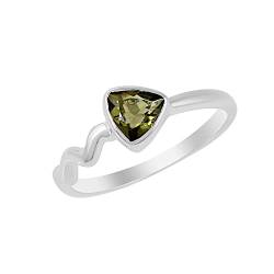 SILCASA Natürlicher Moldavit-Ring aus 925er-Sterlingsilber Geburtsstein 6 mm dreieckiger Schmuck Geburtstagsgeschenk für Frauen und Mädchen 51 (16.2) von SILCASA