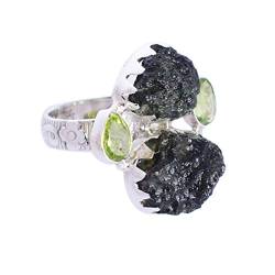 SILCASA Ring aus massivem Sterlingsilber mit Moldavit und Peridot, roher Rohedelstein, fabelhafter handgefertigter Schmuck, für Frauen/US-12/68 (21,6) / X 1/2 von SILCASA