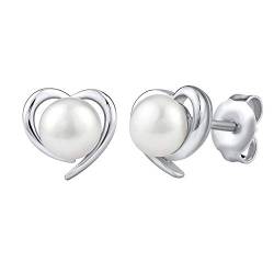 SILVEGO Damen Ohrringe aus 925 Sterling Silber mit echter weißer Perle Ohrstecker Herz von SILVEGO