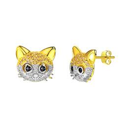 SILVERCUTE Ohrringe 925 Sterlingsilber Süße Orange Katze Ohrstecker für Damen Gelbgold überzogen mit Zirkonia zweifarbig Ohrschmuck Katzeliebhaber Ohrpiercing Accessoire für Geburtstag von SILVERCUTE