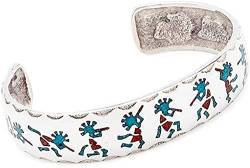 SILVERFOX Indianerschmuck Armreif Kokopelli Flötentänzer Türkis Koralle Chip Inlay Westernschmuck Armband Indianerarmreif von SILVERFOX