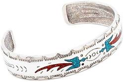 SILVERFOX Indianerschmuck Armreif Türkis Koralle Chip Inlay Thunderbird Donnervogel Westernschmuck Armband Indianerarmreif von SILVERFOX