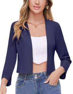 SIMIYA Blazer Damen Elegant, Kurz 3/4 Ärmel Blazer für Damen Slim Fit Blazer Büro Arbeit Keine Knöpfe(Navy Blau,M) von SIMIYA