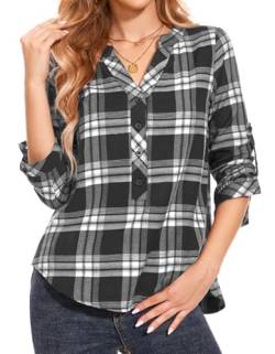 SIMIYA Bluse Damen Kariertes Elegant 3/4 Ärmel V-Ausschnitt Hemdbluse Oberteile Tunika Damenblusen Lässiges Button-Down Hemd Damen Lose Langarmshirt Oberteile Tops, Größe S-3XL von SIMIYA