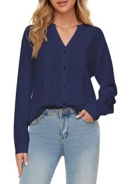 SIMIYA Bluse Damen Langarm V-Ausschnitt Oberteile Damen Einfarbig Tunika Hemdbluse Damen Lässiges Button-down Hemd Damen Lose Langarmshirt Oberteile Tops（Navy Blau，L） von SIMIYA