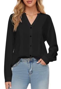 SIMIYA Bluse Damen Langarm V-Ausschnitt Oberteile Damen Einfarbig Tunika Hemdbluse Damen Lässiges Button-down Hemd Damen Lose Langarmshirt Oberteile Tops（Schwarz，M） von SIMIYA