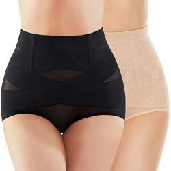 SIMIYA Damen Shapewear Unterhose Bauchweg Miederhose hoher Taille Unterwäsche Bauchkontrolle Miederpant weicher und bequemer Body Shaper für Frauen (Schwarz+ Beige, S) von SIMIYA