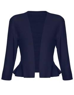 SIMIYA Damen Strickjacke Rüschensaum Kurze Bolero, 3/4 Ärmel Festlich Elegant Cardigan, Strickmantel, weicher Strickblazer mit Offener Vorderseite (Marine Blau, L) von SIMIYA