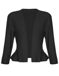 SIMIYA Damen Strickjacke Rüschensaum Kurze Bolero, 3/4 Ärmel Festlich Elegant Cardigan, Strickmantel, weicher Strickblazer mit Offener Vorderseite (Schwarz, M) von SIMIYA