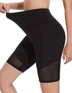 SIMIYA Radlerhose Damen Kurze Sporthose Leggings High Waist Mesh Gespleißtes Bein Sportshorts Doppelte Taschen für Yoga Gym（Schwarz，L） von SIMIYA