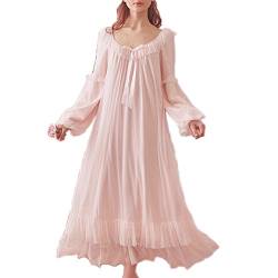 SINGINGQWEEN Damen Vintage Viktorianisches Nachthemd Langarm Sheer Nachtwäsche Pyjama Nachtwäsche Lounge Kleid, Rose, Medium von SINGINGQWEEN