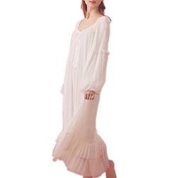 Singingqueen Damen Vintage viktorianisches Nachthemd Langarm Sheer Nachtwäsche Pyjamas Nachtwäsche Lounge Kleid Klein Weiß von SINGINGQWEEN