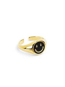SINGULARU - Ring Smiley Black Enamel Gold - Verstellbarer Ring - Messing mit 18kt Vergoldung. - Einheitsgröße - Damenschmuck von SINGULARU