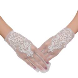 SINLOV Hochzeits-Spitzen-Bankett-Handschuhe, weiße Tüll-Party-Handschuhe, kurze Blumen-Brauthandschuhe, Handgelenk-Handschuhe für Party, Tanz, Hochzeit, L von SINLOV