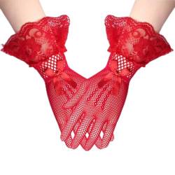 SINLOV Opera Lace Handschuhe Hochzeit Mesh Tüll Abendhandschuhe Strass Fliege Handschuh für Hochzeit Abschlussball Party Cosplay (Rot) von SINLOV