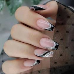 SINLOV Sarg Ballerina Falsche Nägel Nude Pink Glitter Falscher Nagel 24PCS Silber Schwarze Linien Französische Vollabdeckung Falsche Nägel Acryldruck Auf Nägeln Für Frauen Mädchen von SINLOV