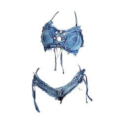 SINMIUANIME Frauen Denim Bikini Set BH Höschen Cosplay Dessous Jeans Shorts für Strand Spiel und Bar Nachtclub Leistung (8025Denim, Small) von SINMIUANIME