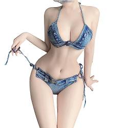 SINMIUANIME Frauen Denim Bikini Set BH Höschen Cosplay Dessous Jeans Shorts für Strand Spiel und Bar Nachtclub Leistung (8027Denim, Large) von SINMIUANIME