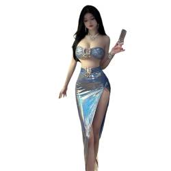 SINMIUANIME Sexy ärmellose figurbetonte Maxikleider für Frauen Lace Up Ausschnitt Hohe Taille Club Party Bodycon Minikleid, 5888 Blau, Einheitsgröße von SINMIUANIME