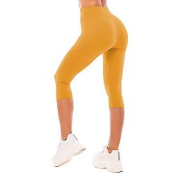 SINOPHANT Leggings Damen 3/4 High Waist Elastische Blickdicht Große Größen Leggins (#1er Pack Dunkelgelb, S-M) von SINOPHANT