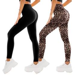 SINOPHANT Leggings Damen High Waist - Blickdicht Leggins mit Bauchkontrolle für Sport Yoga Gym(2 Schwarz/Leopard,XXL) von SINOPHANT