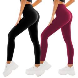 SINOPHANT Leggings Damen High Waist - Blickdicht Leggins mit Bauchkontrolle für Sport Yoga Gym(2 Schwarz/Weinrot,L-XL) von SINOPHANT