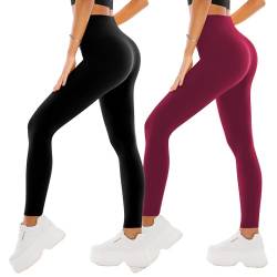 SINOPHANT Leggings Damen High Waist - Blickdicht Leggins mit Bauchkontrolle für Sport Yoga Gym(2 Schwarz/Weinrot,S-M) von SINOPHANT