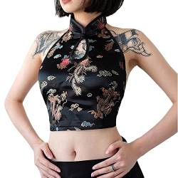 Ärmelloses Neckholder-Top für Damen, mit Stickerei, bauchfreies Cami-Hemd, chinesisches Cheongsam-Oberteil (S, Schwarz) von SINROYEE