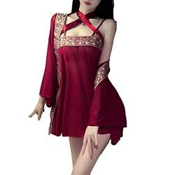 Damen Kimono Kostüm Erwachsene Japanische Geisha Kleid Blüte Satin Bademantel Nachtwäsche Retro Hanfu Anime Dessous Sexy Cosplay (Rot #2) von SINROYEE