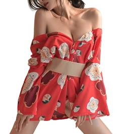 Damen Robe Kimono Sexy Dessous Set Asien Stil Loungewear Pyjama Satin Nachthemd Bademantel Anime Cosplay, Rote Sakura von SINROYEE