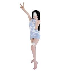 SINROYEE Damen Anime-Pullover, japanischer Rollkragen, Strickkleid, rückenfrei, ärmellos, Kuhflecken, Jungfrau Killer (blaue Kuh) von SINROYEE