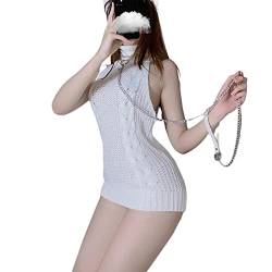 SINROYEE Damen Anime Pullover Japanischer Rollkragen Strickkleid Rückenfrei Pullover Ärmellose Weste Kuhflecken Jungfrau Killer (Weiß #2) von SINROYEE