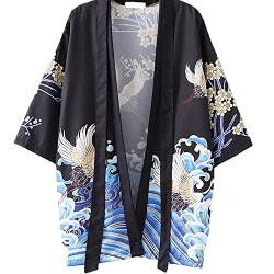 SINROYEE Damen Japanischer Schal Print Kimono Cardigan Tops Cover up Lose Anime 3/4 Ärmel Strand Bluse, Schwarz # 1, Einheitsgröße von SINROYEE