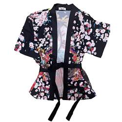 SINROYEE Damen Japanischer Schal Print Kimono Cardigan Tops Cover up Lose Anime 3/4 Ärmel Strand Bluse, Schwarz # 5, Einheitsgröße von SINROYEE