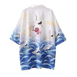SINROYEE Damen Japanischer Schal Print Kimono Cardigan Tops Cover up Lose Anime 3/4 Ärmel Strand Bluse, Weiß # 6, Einheitsgröße von SINROYEE