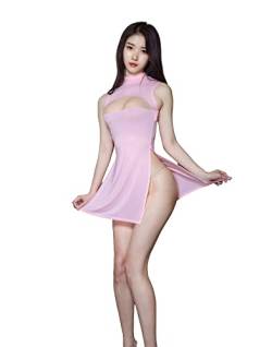 SINROYEE Damen Sexy Cosplay Dessous Seide Nachthemd Kleid High Split Cheongsam Kleid (Rosa # 3) von SINROYEE