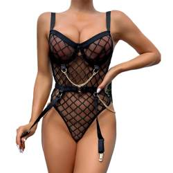 SINROYEE Damen Sexy Lace Up BH Teddy Dessous Leder Dessous Bobydoll Bodysuit Club Sexy Spitze Frech Bügel, Schwarz 2, XL von SINROYEE