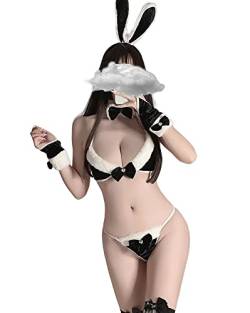 SINROYEE Japanische Lolita Unterwäsche Sexy Bunny Cosplay Dessous Kostüm Set Micro Bikini Furry BH und Panty Kawaii Anime Urlaub Party, Schwarz, Einheitsgröße von SINROYEE