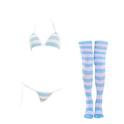 SINROYEE Sexy Dessous-Set für Damen, japanischer Anime-Bikini, gestreift, Oberschenkelhohe Socken, Blauer, breiter gestreifter Bikini, Einheitsgröße von SINROYEE