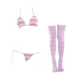 SINROYEE Sexy Dessous-Set für Frauen, japanischer Anime-Bikini, Badeanzug, gestreift, mit gestreiften Oberschenkelhohen Socken, Rosa Weit Gestreifter Bikini, Einheitsgröße von SINROYEE