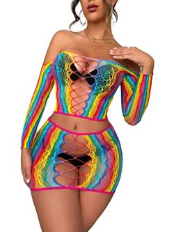 Sexy Dessous-Set für Damen, Fischnetz, Babypuppe, Bodysuit, Nachtwäsche, Chemises, Regenbogenfarbe, 05 von SINROYEE