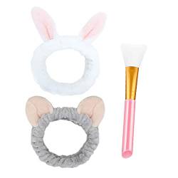 SIOPPKIK Haarband für Make Up - 2 Stück Damen Kosmetisches Stirnband Elastische Korallen Fleece Haarbänder mit 1 Stück Silikon Maskenpinsel für Waschen Gesicht Spa Yoga Sport Beauty von SIOPPKIK