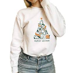 Damen Merry Catmas Pullover Weihnachten Sweatshirt Lustige Katze Grafik Print Hoodies, weiß, 36 von SIPEIEN