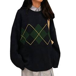 SIPEIEN Frauen Geometrische Pullover Muster Argyle Pullover Lose Basic Oversized O-Neck Strickpullover Top Blau von SIPEIEN