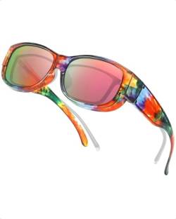 SIPHEW Sonnenbrillen Überziehbrille UV400 Schutz, Fit-Over Brille Überzieh Sonnenbrillen Clip für brillenträger Damen Herren (Überzieh Sonnenbrille- Regenbogen Rahmen, rosa Linse) von SIPHEW