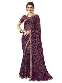SIRIL Damen Bandhani Printed & Lace Chiffon Sari mit Bluse, Dunkles Weinrot, Einheitsgröße von SIRIL