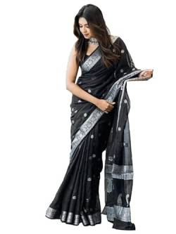 SIRIL Damen Jacquard Baumwolle Seide Saree mit ungenähter Bluse, Schwarz, Einheitsgröße von SIRIL